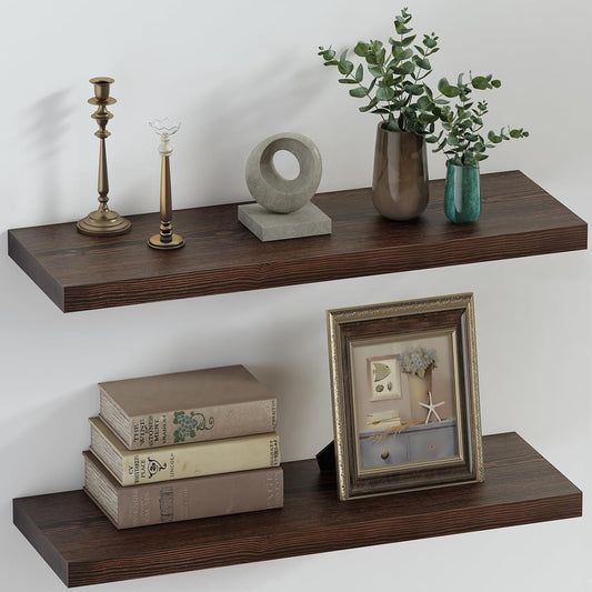 SAUMONIERES Floating Shelves 8 Inch Deep Solid Wood Wide Wall Shelf Set of 2 Wall Mounted for Bedroom Bathroom Living Room Kitchen, 24 Inch Walnut
