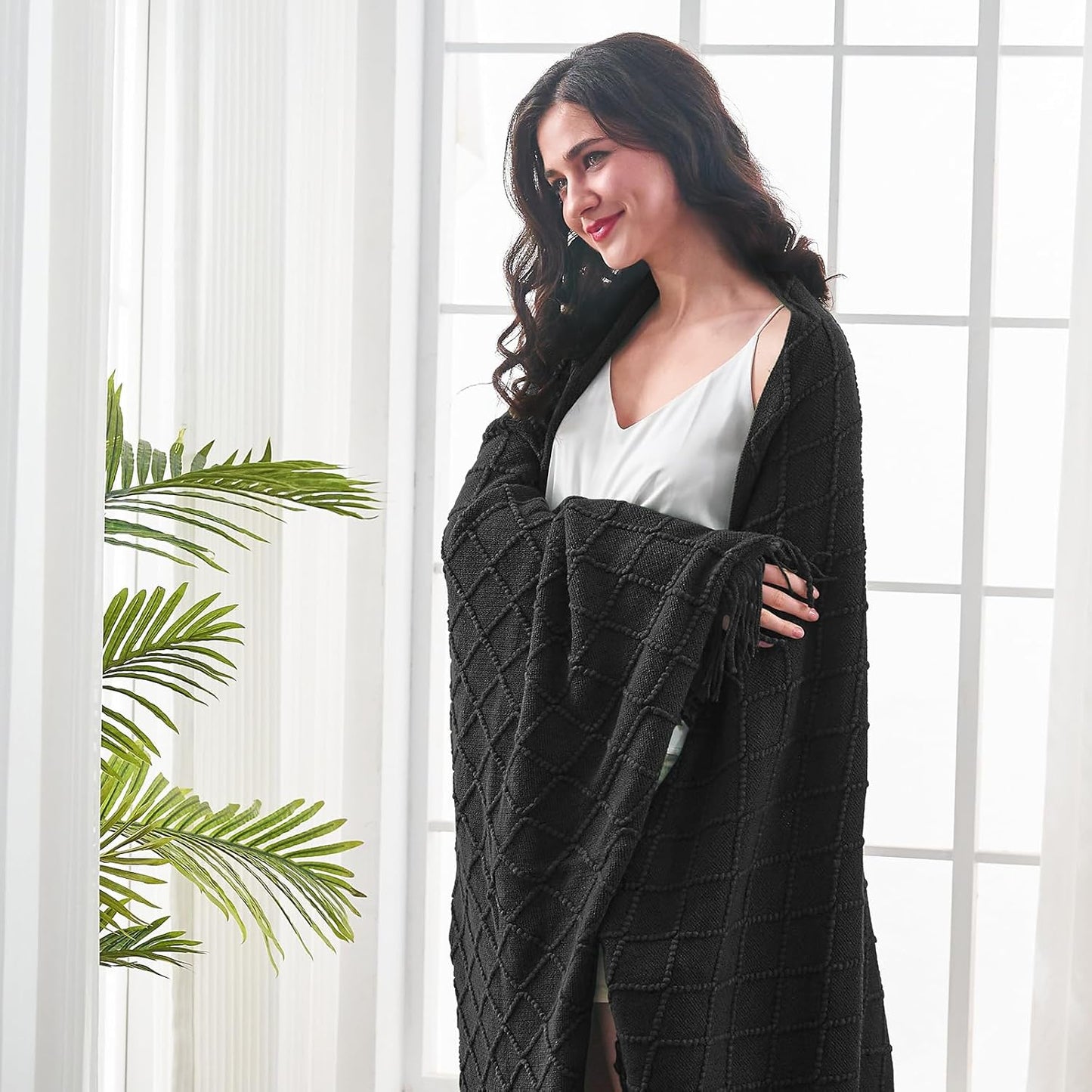 inhand Knitted Throw Blankets for Couch and Bed, Soft Cozy Knit Blanket with Tassel, Black Lightweight Decorative Blankets and Throws, Farmhouse Warm Woven Blanket for Men and Women, 60"x80"