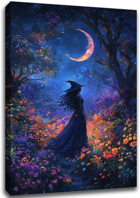 Vintage Halloween Witch Decor Mystic Gothic Wall Art Poster,Enchanting Witch Fall Whimsical Wildflowers Woodland Forest Crescent Moon Picture Art,Creepy Witchy Home Decor,20"x30" Framed