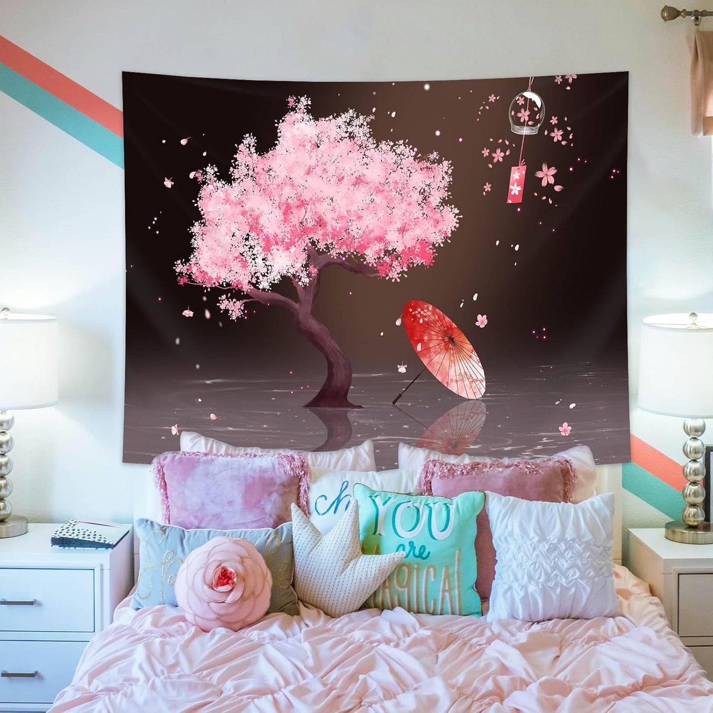 dueeia Japanese Cherry Blossom Tapestry Wall Hanging Anime Tree Asain Spring Tapestries for Bedroom Aesthetic Living Room Dorm Wall Decor (59.1"x39.4")