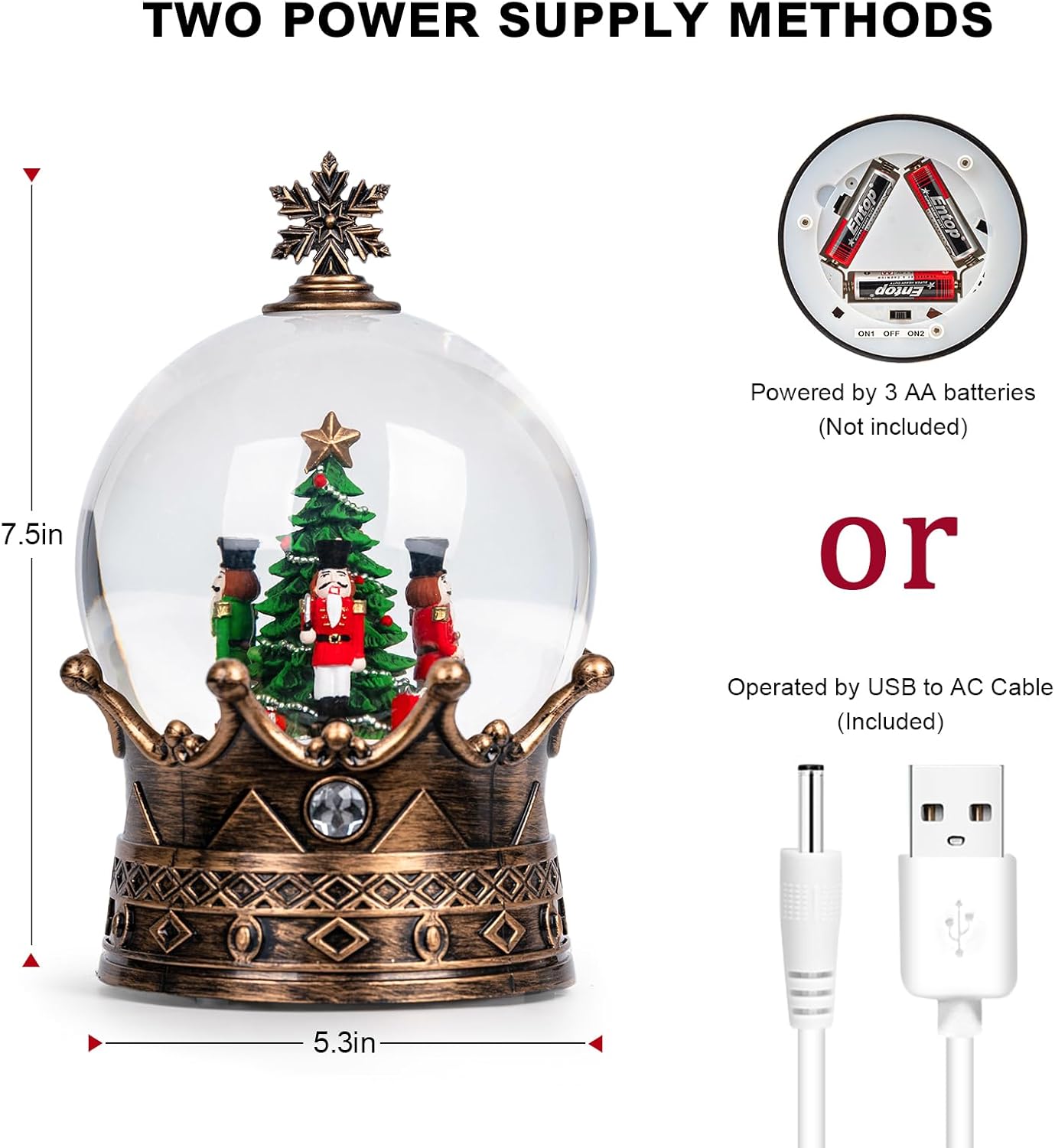 Christmas Snow Globe Lantern Water Glittering Nutcracker Crown with Music, USB Lined/Battery Operated Lighted Lantern for Christmas Festival Decoration Gifts