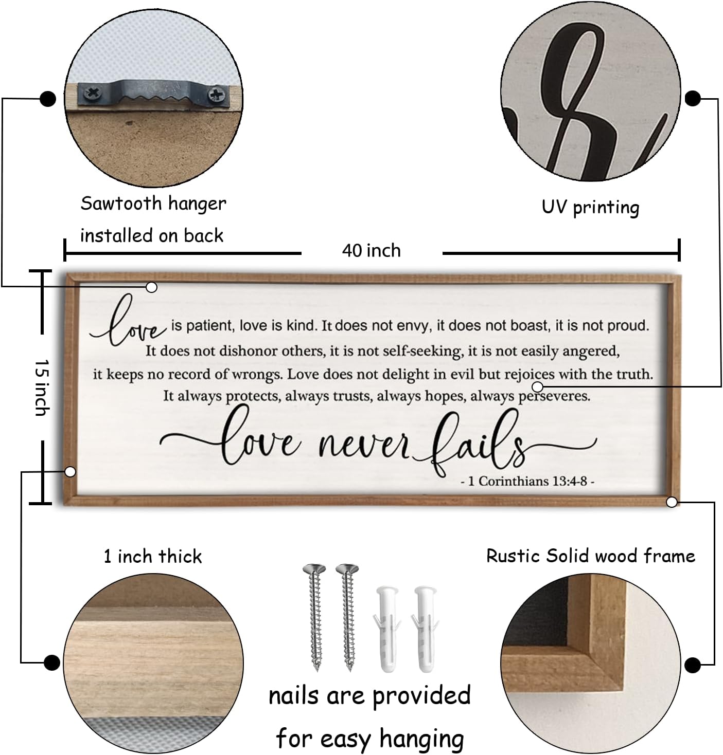 flowtorely Love is Patient, Kind Wall Art Decor 40"X15" Sign 1 Corinthians 13 Bedroom Above Bed Wall Decor Large Bible Verse Quote Scripture Christianity Hanging Sign (Wood)