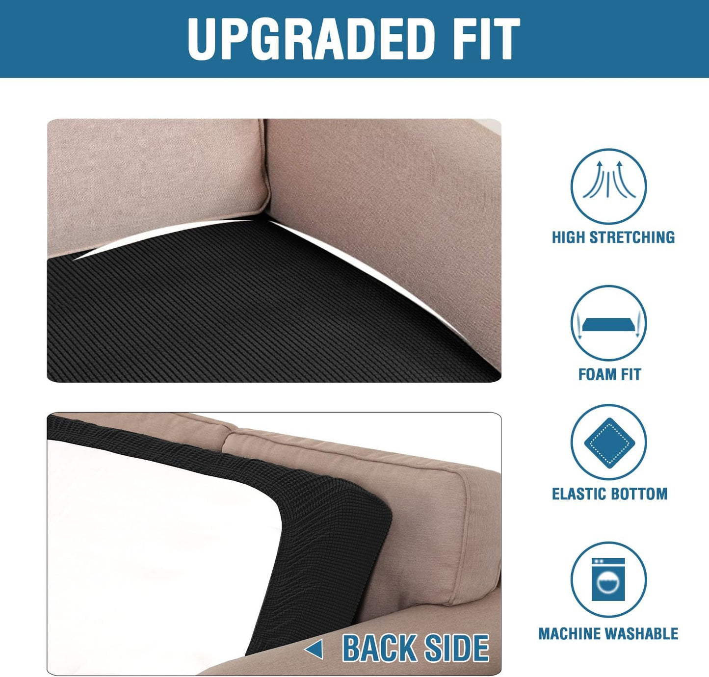 H.VERSAILTEX Super Stretch Individual Seat Cushion Covers Sofa Covers Couch Cushion Covers Slipcover Sets Thick Jacquard Textured Twill Fabric (1 Piece Sofa Cushion Cover, Black)