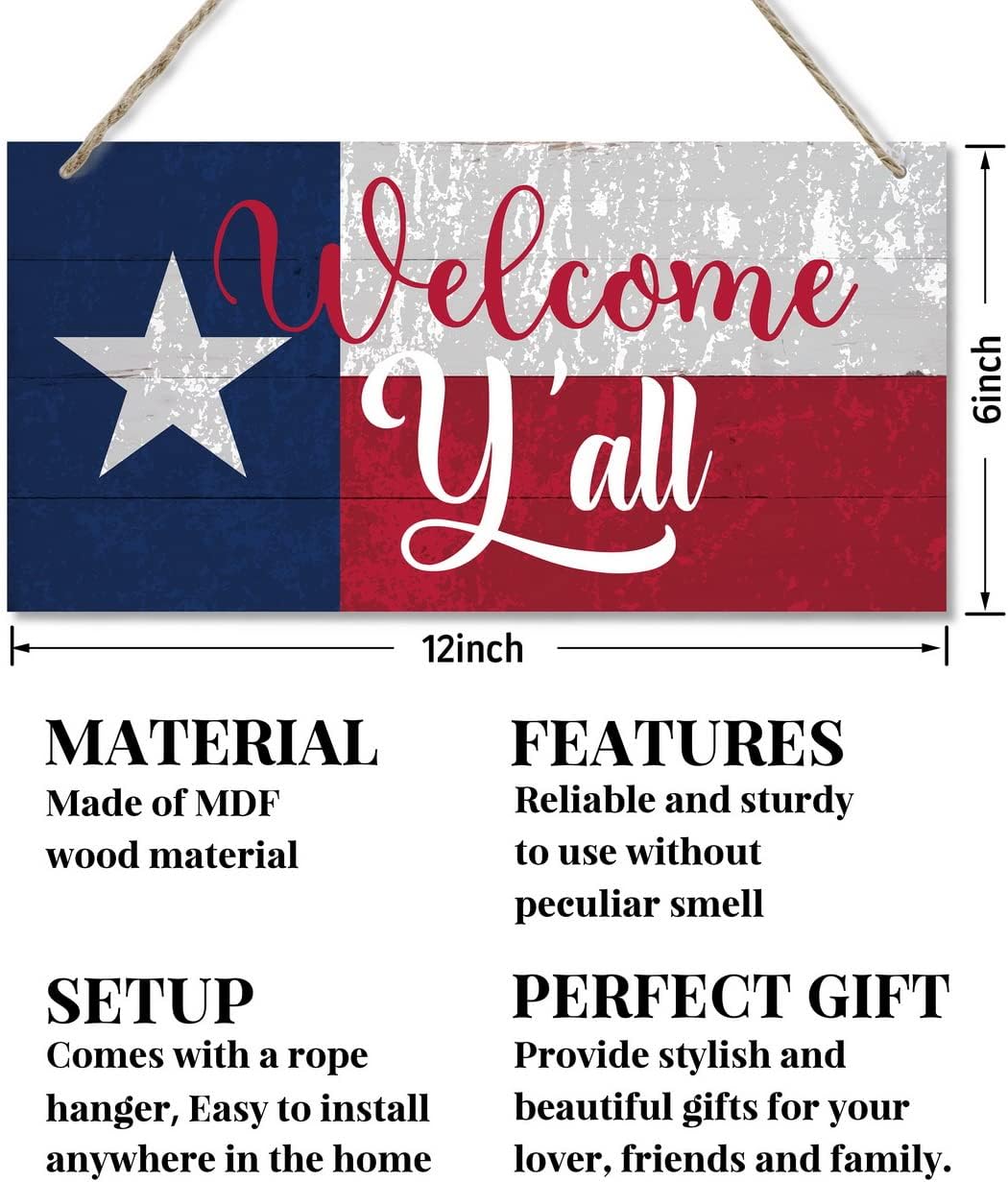 Welcome Y'all Decor Sign, Hanging Wood Sign Home Decorative, Printed Wood Wall Art Sign, Wooden Hanging Sign, Texas Flag Welcome Door Hanger, Welcome Sign for Front Door, Farmhouse Porch Decor 12*6in