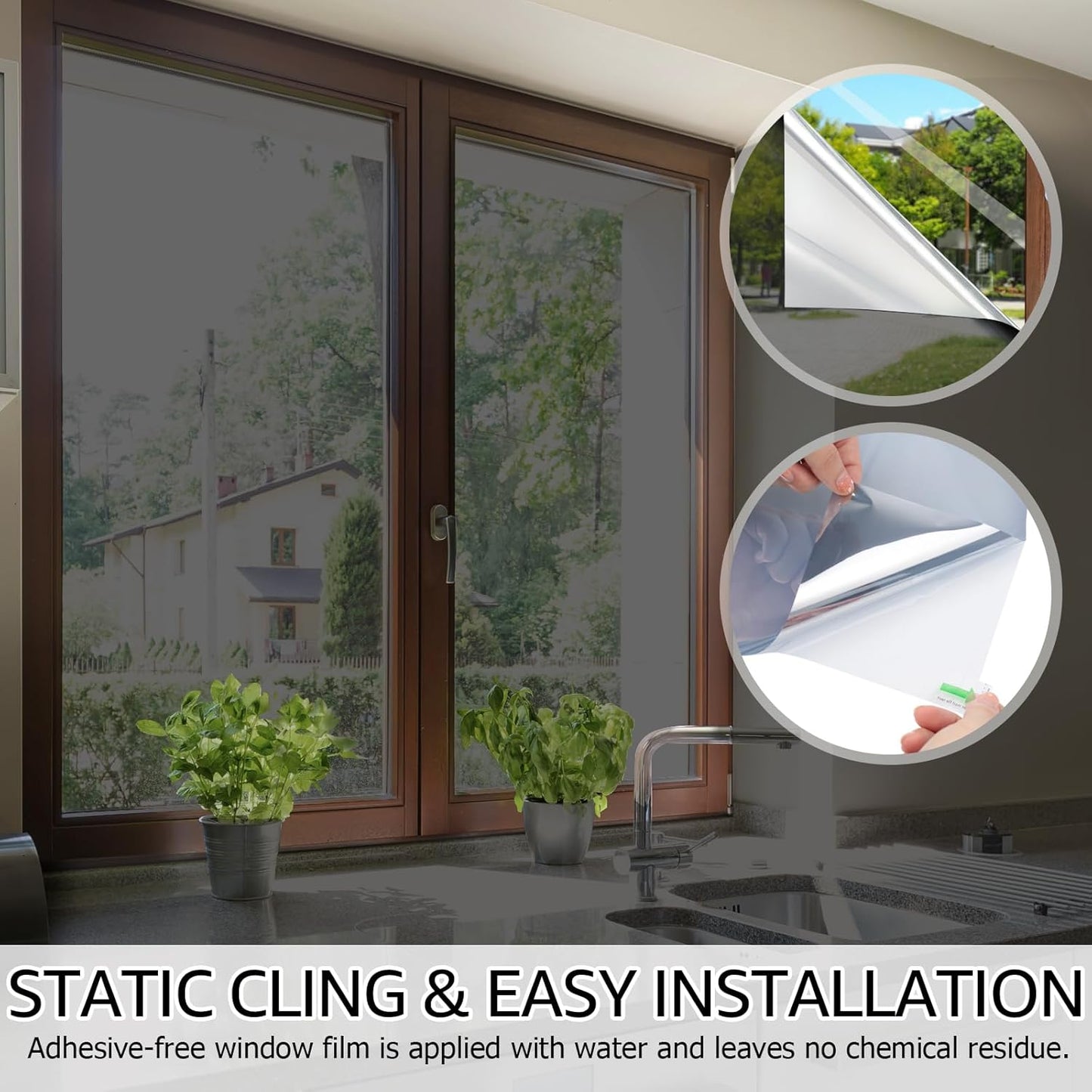 HIDBEA One Way Window Film, Daytime Privacy Sun Blocking Reflective Window Film No Glue Static Cling Heat Control Window Tinting Film for Home and Office, Black Silver, 29.5 x 78.7 Inch