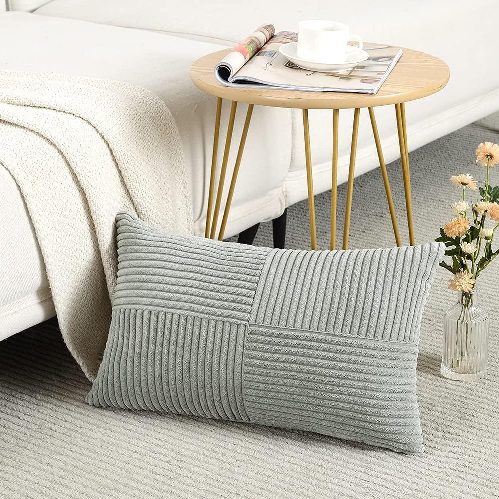 Fancy Homi 2 Packs Grey Long Lumbar Decorative Throw Pillow Covers 12x24 Inch for Couch Bed Sofa, Rustic Farmhouse Boho Home Decor, Soft Striped Corduroy Rectangle Accent Cushion Case 30x60 cm