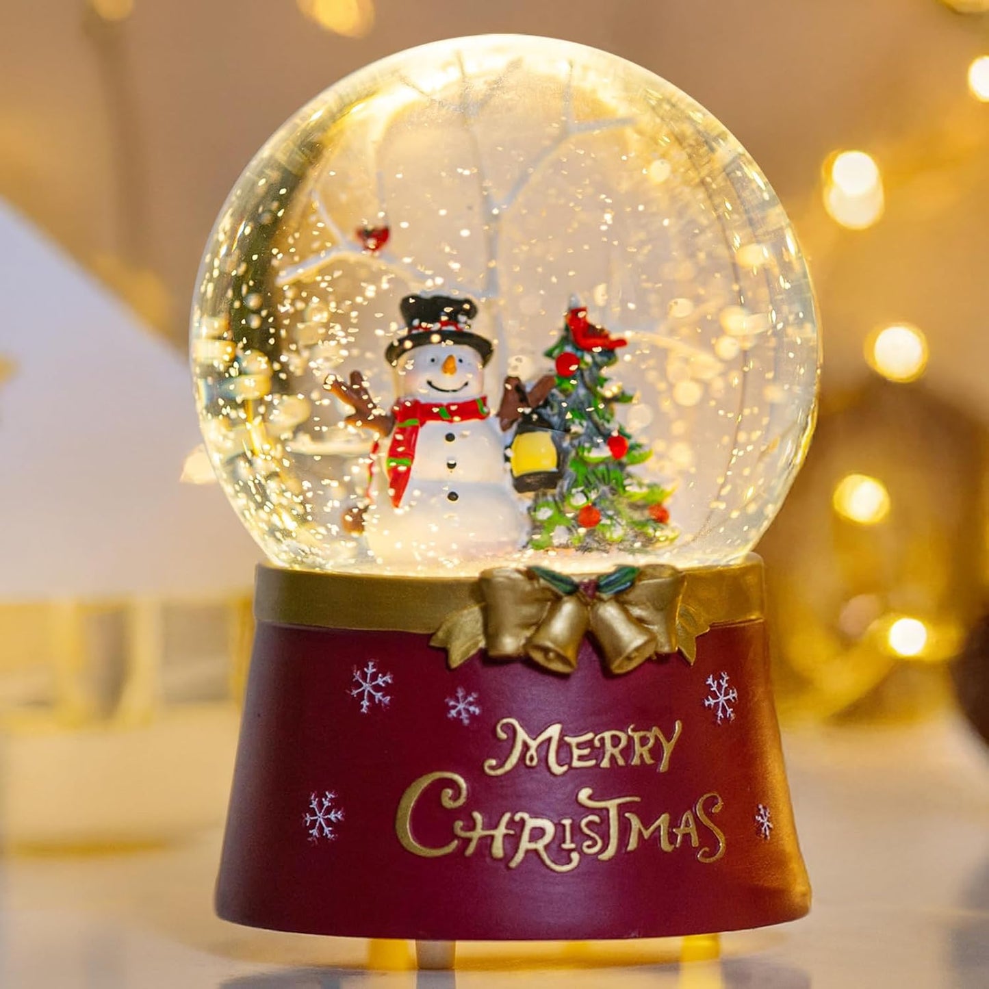 Christmas Glass Snow Globe Glitter Spinning Water Lantern Lighted Musical Snowman with Holiday Tree Scene, 6H Timer Battery & USB Powered Light for Home Decoration