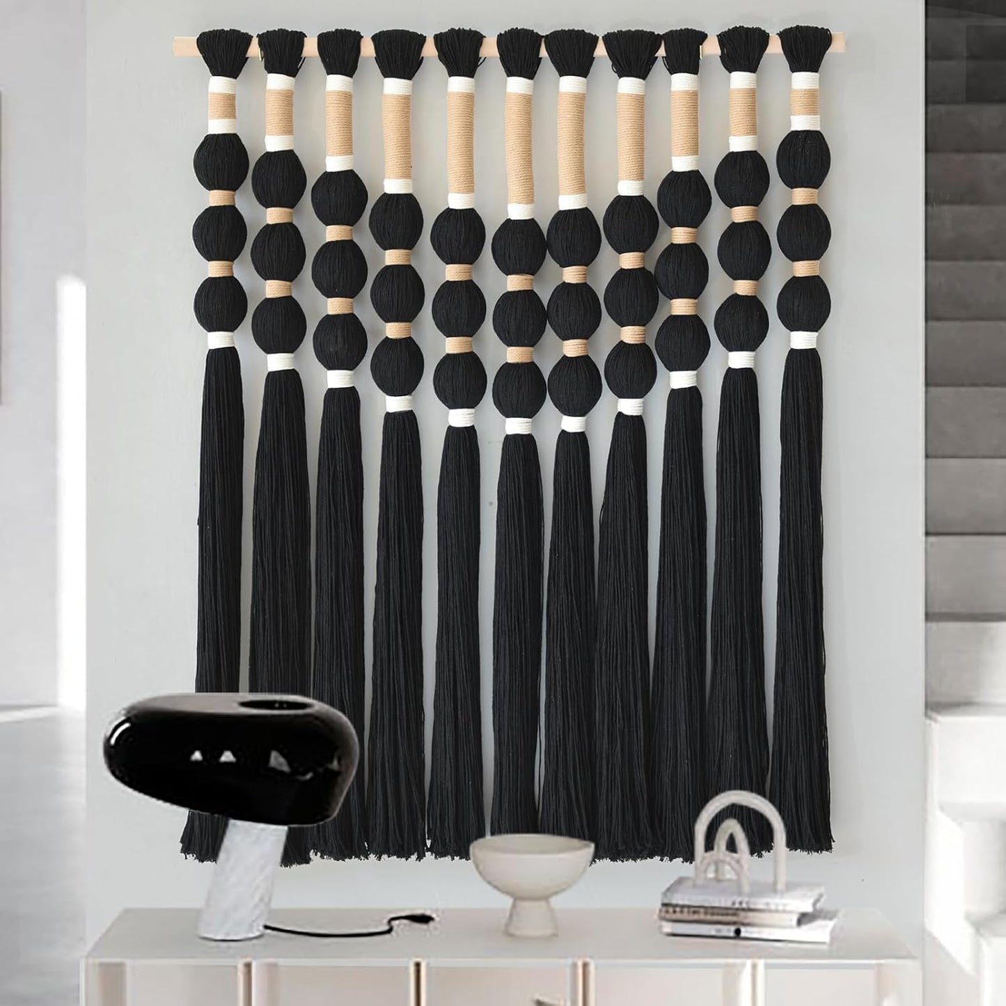 Macrame Wall Hanging Boho Wall Decor Black Fiber Yarn Wall Art Handmade Cotton Spherical Knot for Living Room Bedroom Nursery Office Home Decor27" W x 33" L