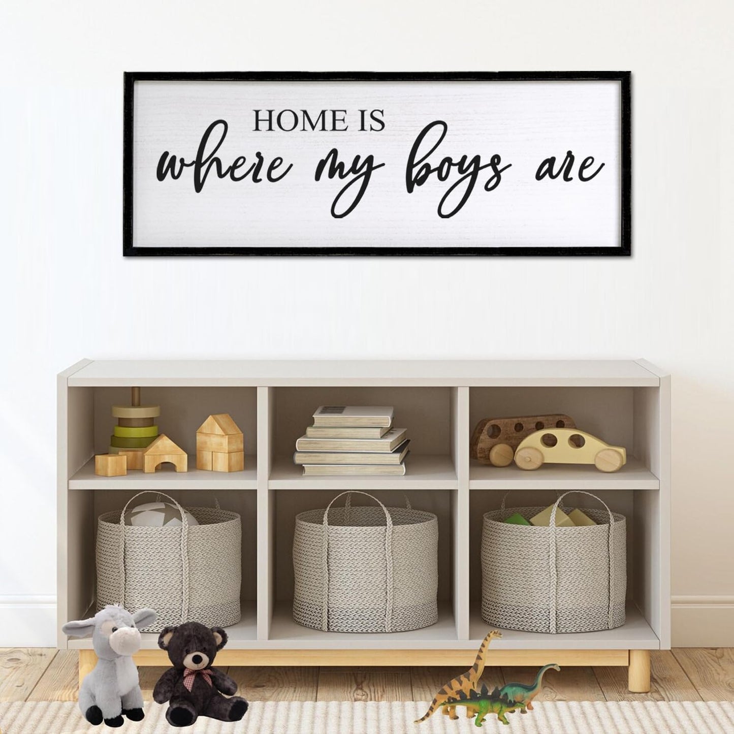Home is Where My Boys are Sign Framed Wall Art, 32''×12'' Rustic Horizontal My Son Plaque with Black Frame for Baby Kid Boy Son Teen Toddlers Room, Horizontal Mom of Boys Gifts Nursery Decor