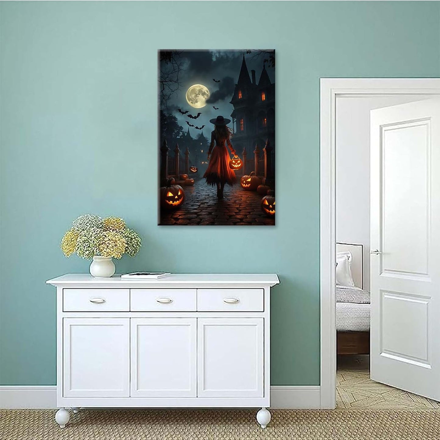 JFHCQJPK Halloween theme poster moonlit autumn night witch vintage poster art print dark college style gothic painting canvas wall decoration bedroom living room ideal gift32x48in Frameless