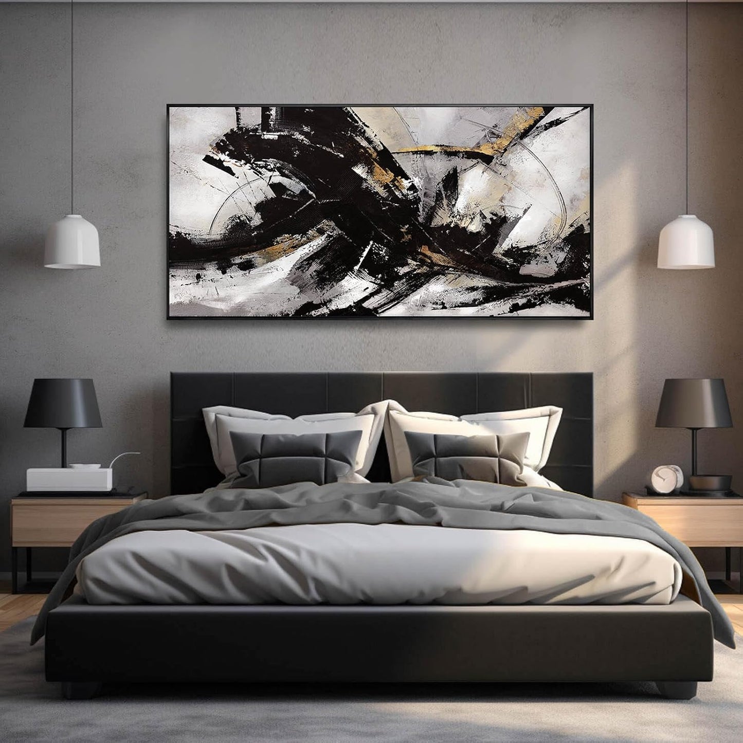 Black Wall Art Abstract Wall Decor for Living Room Framed Wall Art Canvas Art Grunge Artwork Large Office Pictures for Men 24”x48”