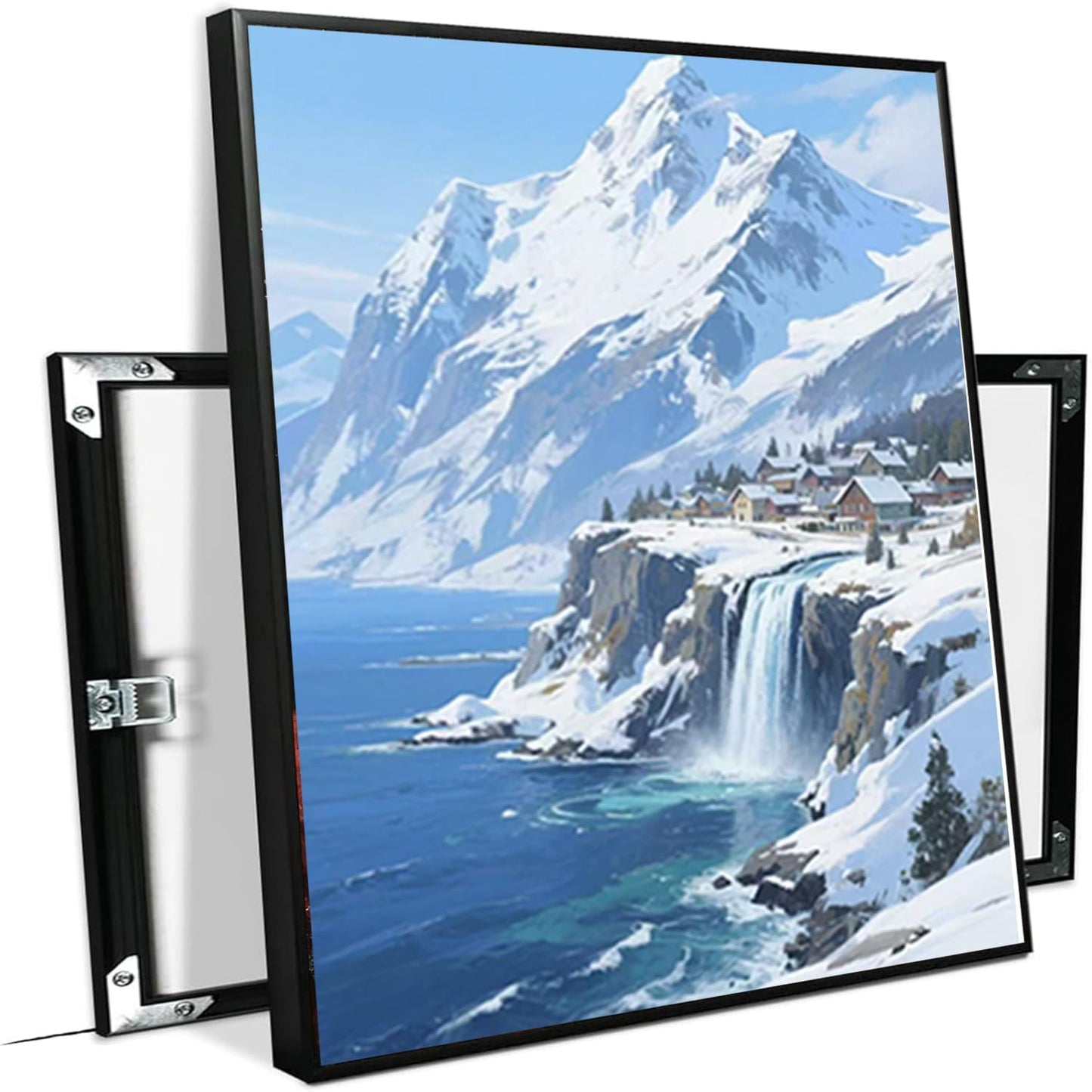 Winter lakeside town and snowy scenery merge together to form a landscape poster wall art suitable for living room bedroom and office