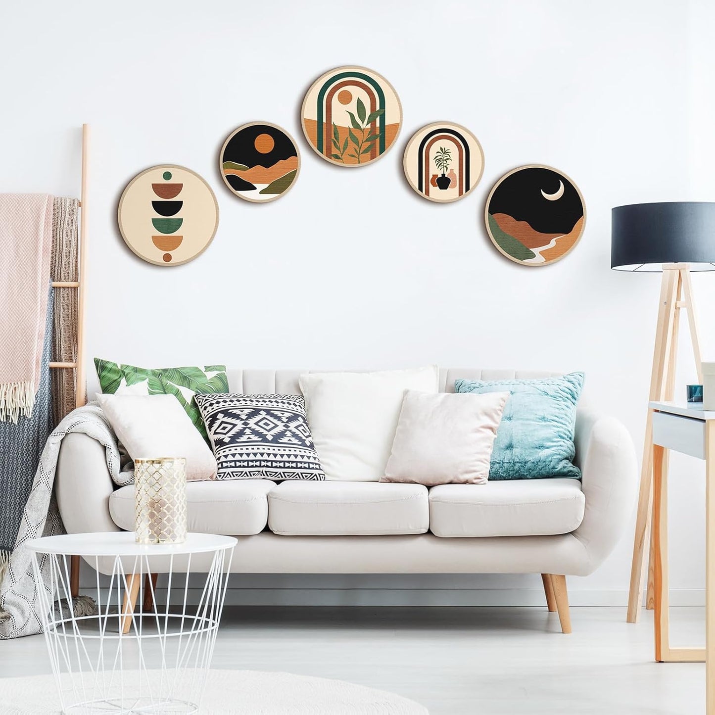 Qunclay 5 Pcs Wall Art Decor Wooden Living Room Wall Decor Bohemian Hanging Farmhouse Geometric 10'' and 8'' Aesthetic Wood Minimalist Posters for Bedroom(Sunset)