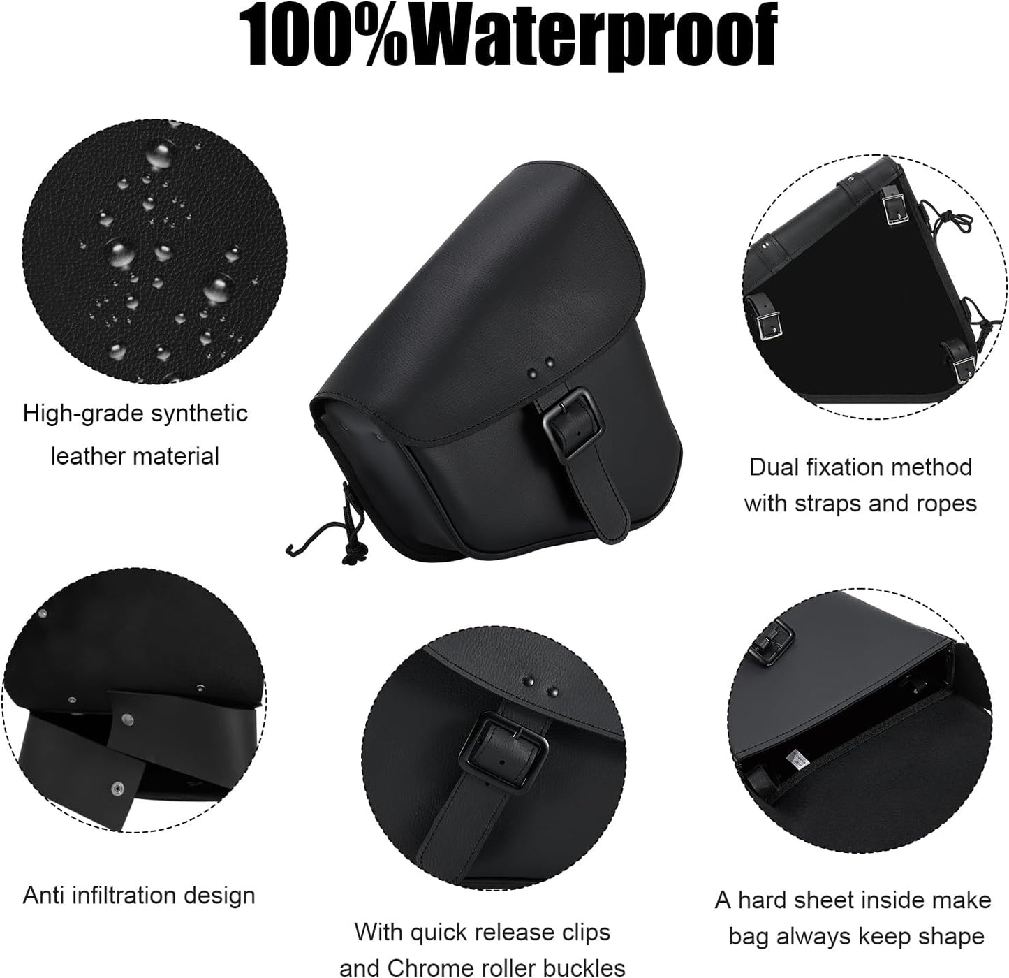 GARGOYLE BELLS Motorcycle Swing Arm Bag Solo Saddle Bags For Sportster Softail PVC Waterproof Motorcycle Luggage Bags for Motorcycle or Bike (Right Side, Black-Single Buckle)