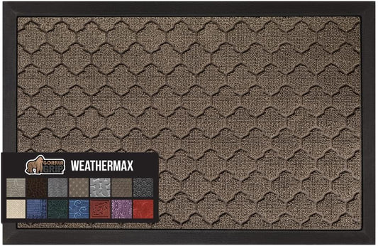 GORILLA GRIP 100% Waterproof All-Season WeatherMax Doormat US Designed Natural Rubber, Stain and Fade Resistant, Low Profile Indoor Outdoor Door Mats, Easy Clean Patio Mat, 17x29, Latte Quatrefoil
