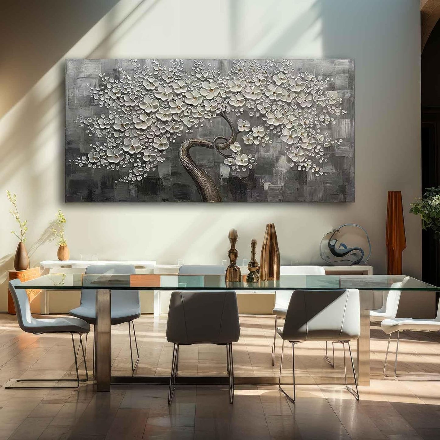 SDYA Flower Tree Wall Art Painting for Living Room White Botanical Picture for Bedroom Office Kitchen Home Decor Wall 30x60 Inches