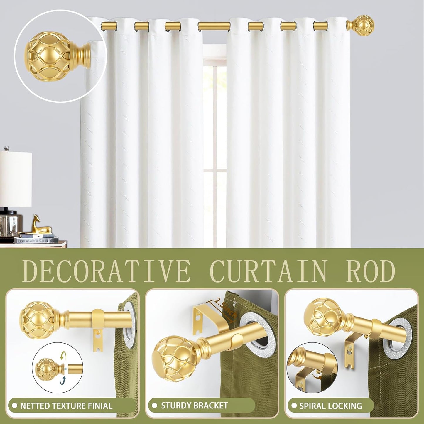 Gold Adjustable Curtain Rods for Windows:18-60 Inch Farmhouse Heavy Duty Curtain Rod for Bedroom Living Room,Boho Decorative Rustic Drapery Rods with Vintage Coastal Texture Finial,Brass Gold