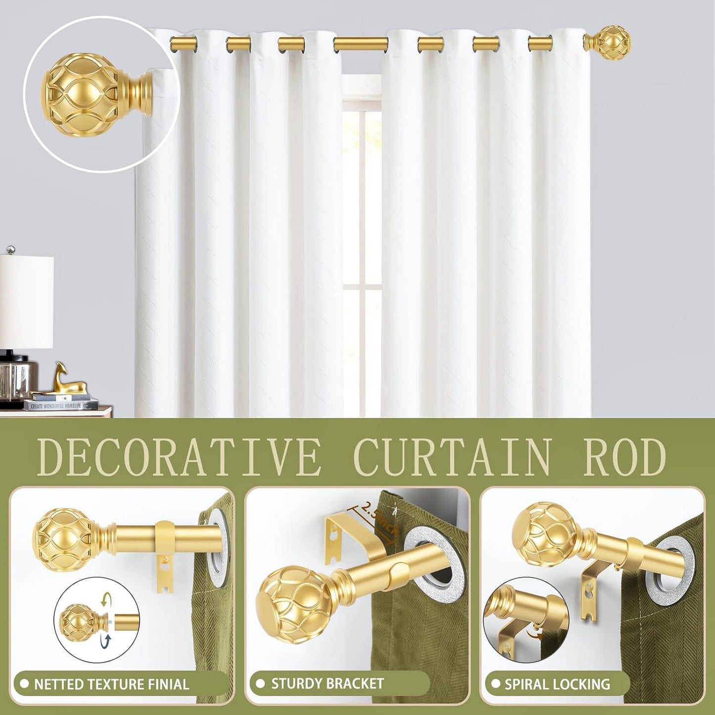 Gold Adjustable Curtain Rods for Windows:18-45 Inch Farmhouse Heavy Duty Curtain Rod for Bedroom Living Room,Boho Decorative Rustic Drapery Rods with Vintage Coastal Texture Finial,Brass Gold