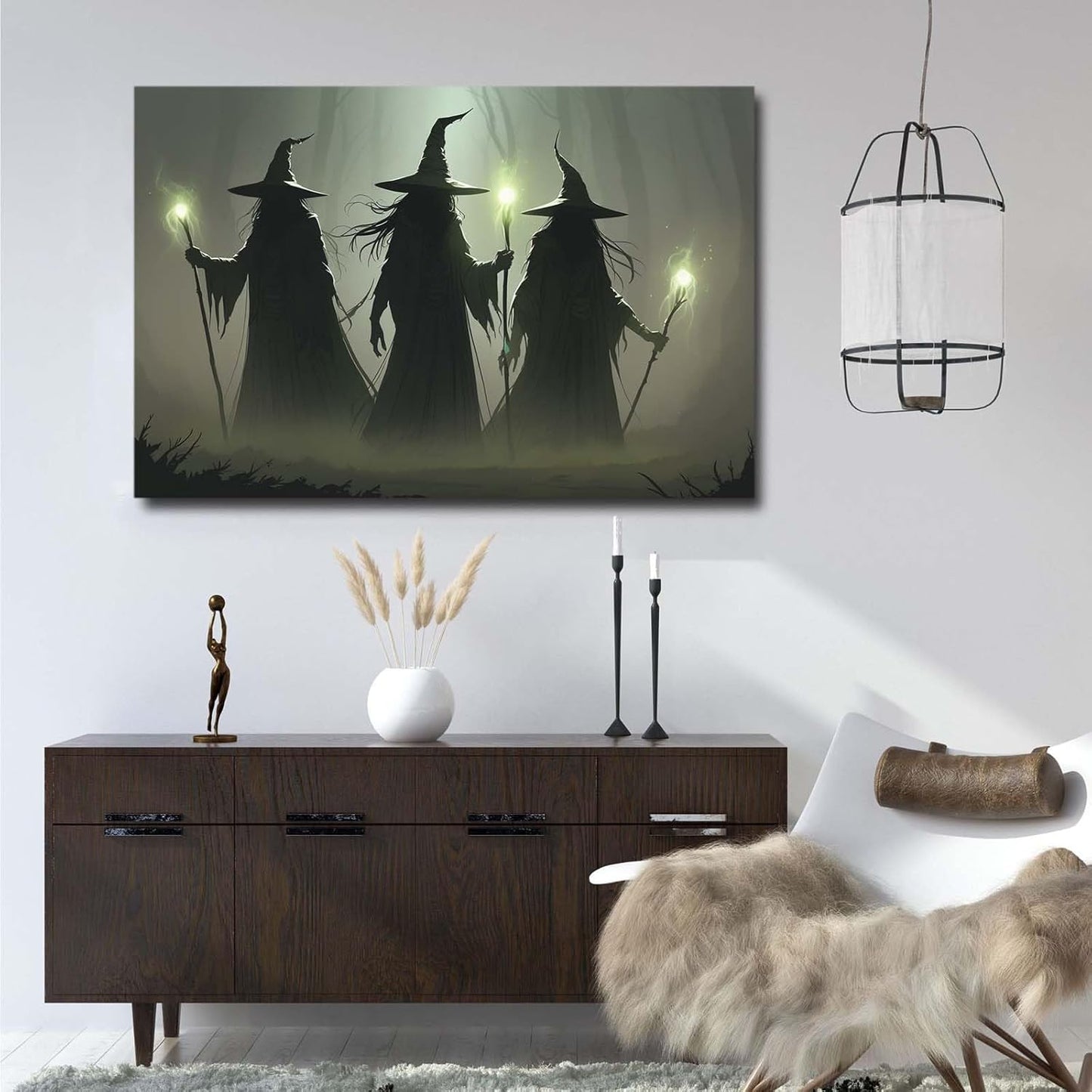 Vintage 3 witches canvas wall decor melancholy dark Halloween poster wall decor holding a staff print Gothic horror Halloween painting print for living room bedroom16x24in Wood Framed