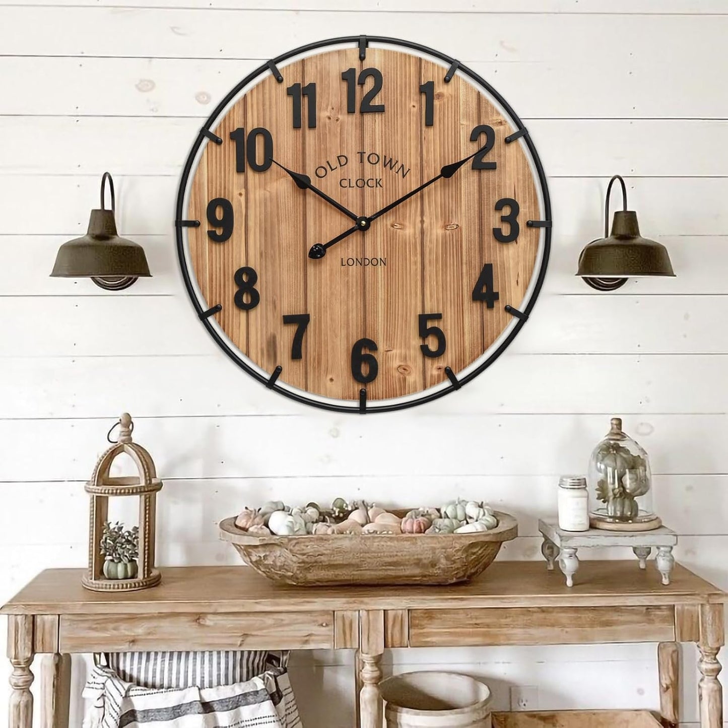 Large Old Town Farmhouse Wall Clock 24 Inch Rustic Antique Wood with Metal Circle and Large Numerals Silent Battery Operated Wall Clock for Office Kitchen Bedroom Living Room