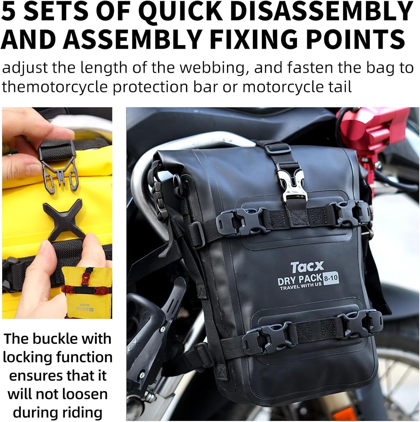 Motorcycle Tail Bag Front Bumper Bag, 10L Roll-top Waterproof Motor Saddle Panniers Luggage Bags for Motorcy-Black(10L)
