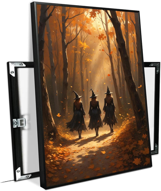 JFHCQJPK Three witches walking in the forest in autumn canvas painting gothic poster halloween print country witch wall art for home decoration24x36in Metal blackFramed