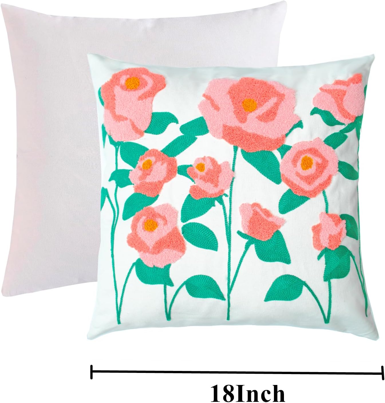 Embroidered Decorative Throw Pillow Cover, 18"x18" Set of 2, Farmhouse Pillowcase Pink Rose Knit Pattern Cotton Canvas Cushion Case Square Floral Pillow Case for Sofa Couch Bed Living Room…