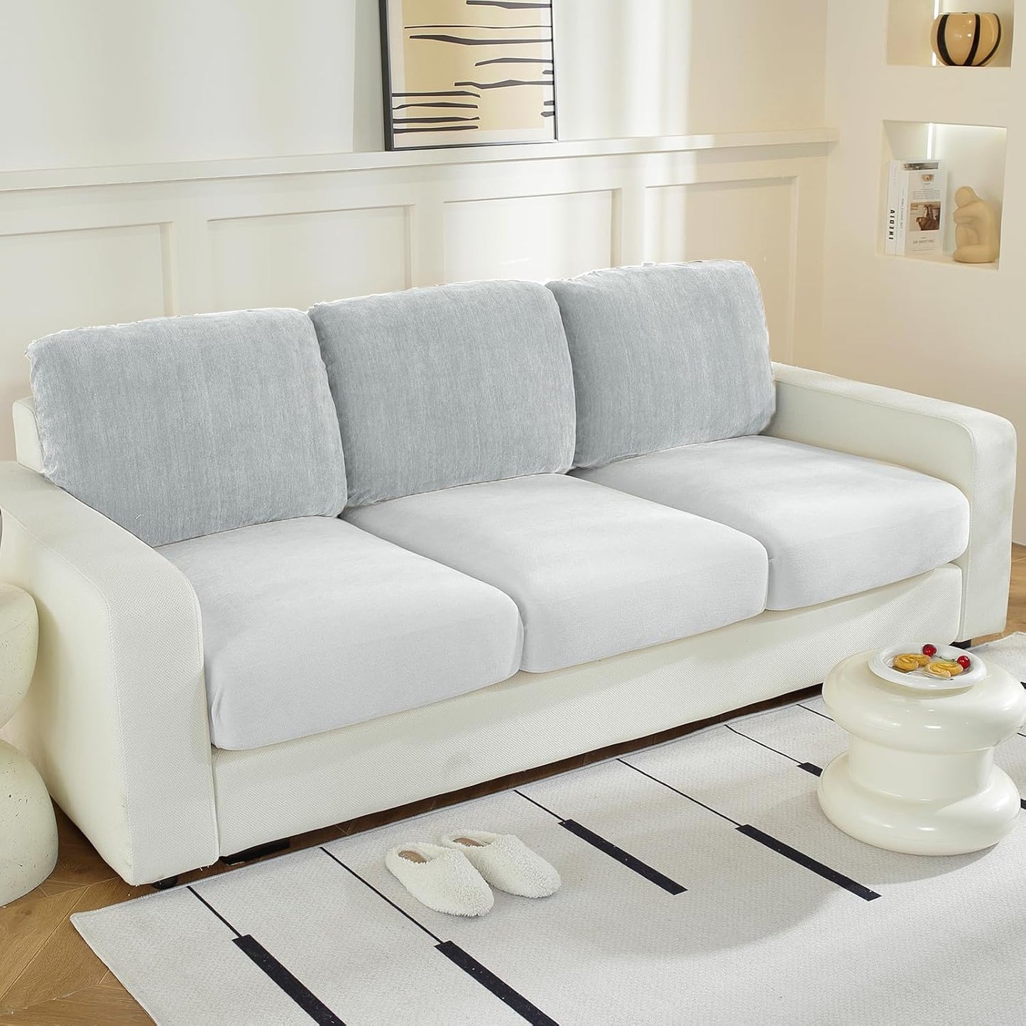Large Backrest Cushion Covers Super Stretch Backrest Covers for 3 Cushion Couch Sofa, Couch Back Cushion Covers Featuring with Chenille Yarn (Softer Version, 3PC, Light Grey)