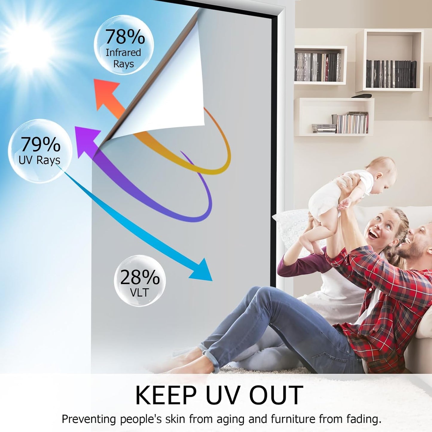 HIDBEA One Way Privacy Window Film, Daytime Privacy Sun Blocking Anti UV Reflective Window Film Heat Control Static Cling Window Tint Film for Home and Office, Silver, 29.5 x 157.5 Inch