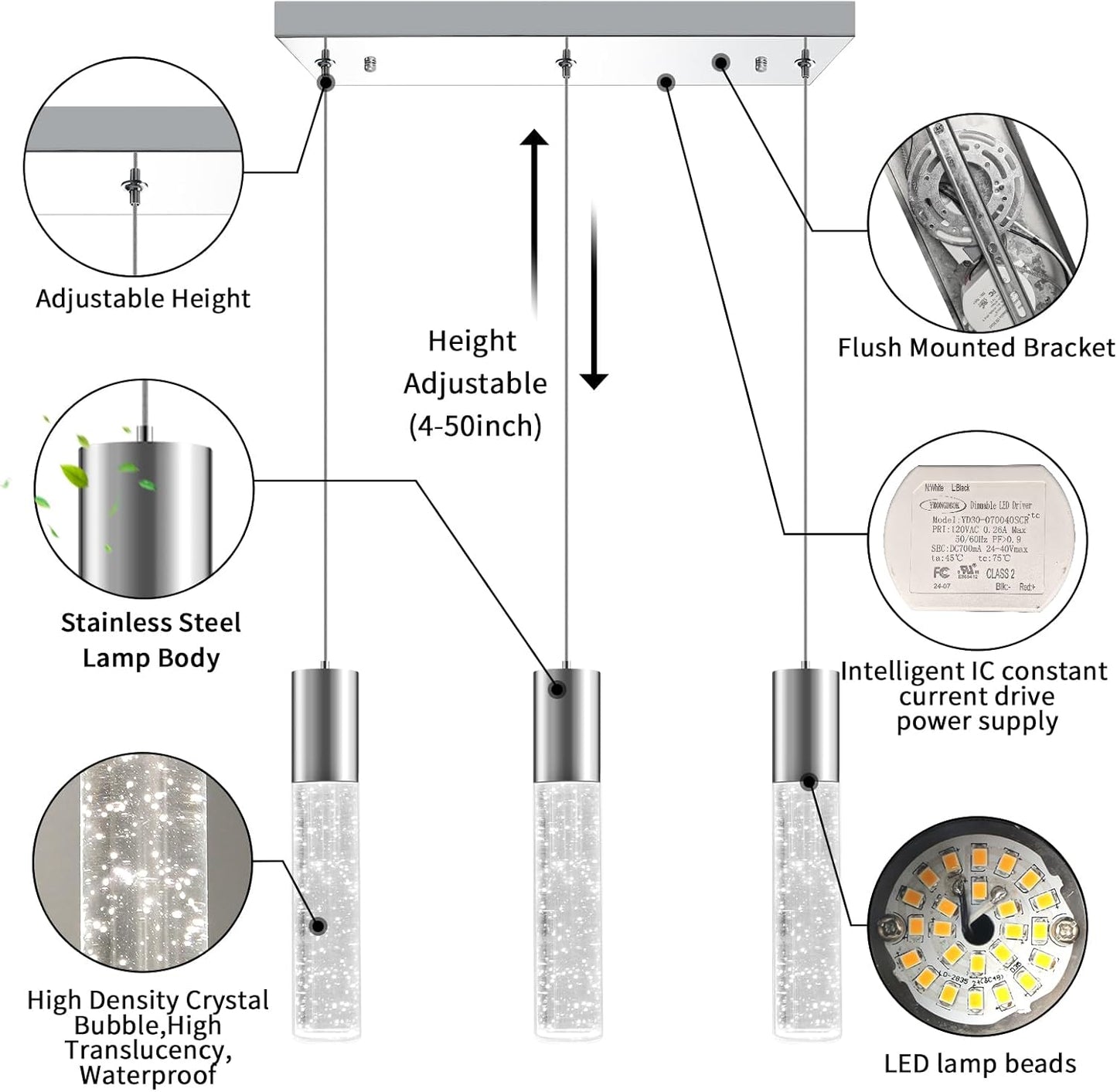 OKELI 3-Light Dimmable LED Pendant Lighting for Kitchen Island, 18W 1350LM Modern Crystal Bubble Island Light Fixture, 6000K Cool White, Adjustable Electro-Chrome Fixture, Easy Install, Square