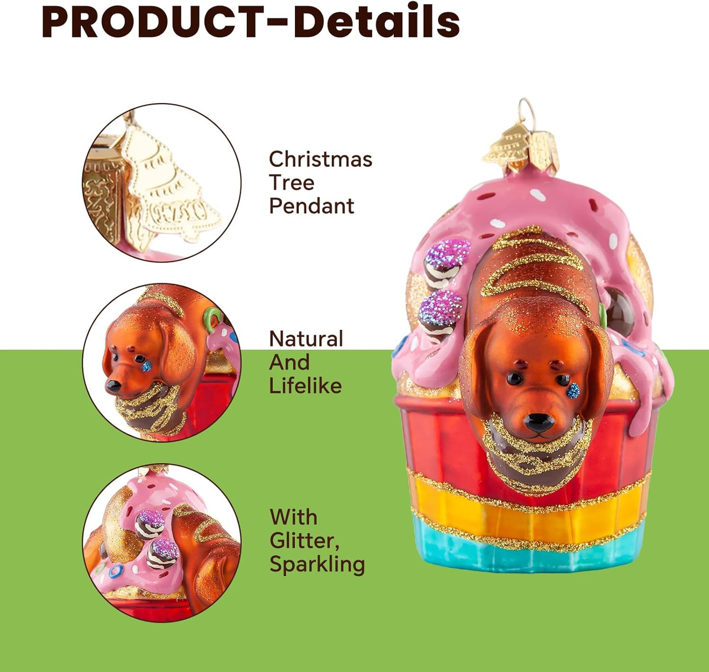 Dog Christmas Tree Ornaments,Hand-Blown Glass Ornaments,Cupcake Collection Figurine Hanging Ornaments,Dachshund Dog Christmas Ornament for Animal Lovers Party Holiday Home Decorations Gifts