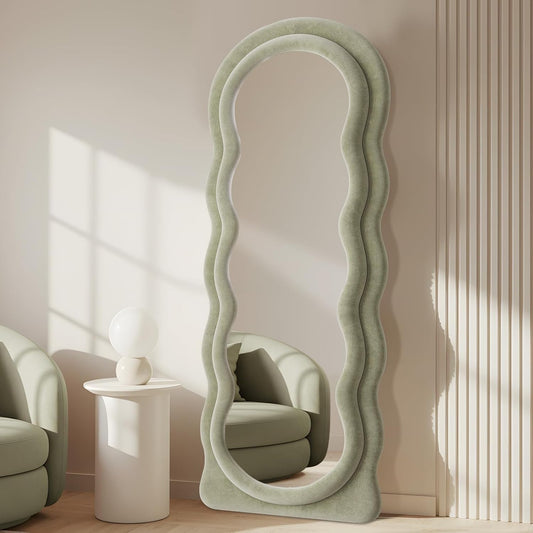Full Length Mirror 63"x24" Arched Wavy Full Body Wall Mounted Floor Mirror with Stand Sage Flannel Frame Leaning Hanging Wall Mirror for Bedroom Entrance Hallway