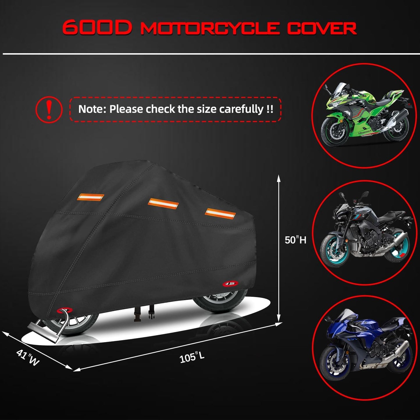 Motorcycle Cover, Heavy Duty 600D Oxford, Waterproof Outdoor, Weather Resistant, Rip-Proof, Anti-UV with 5 Reflective Strips, 2 Lock-Holes, 1 Windproof Strap, 1 Storage Bag (105" x 41" x 50")