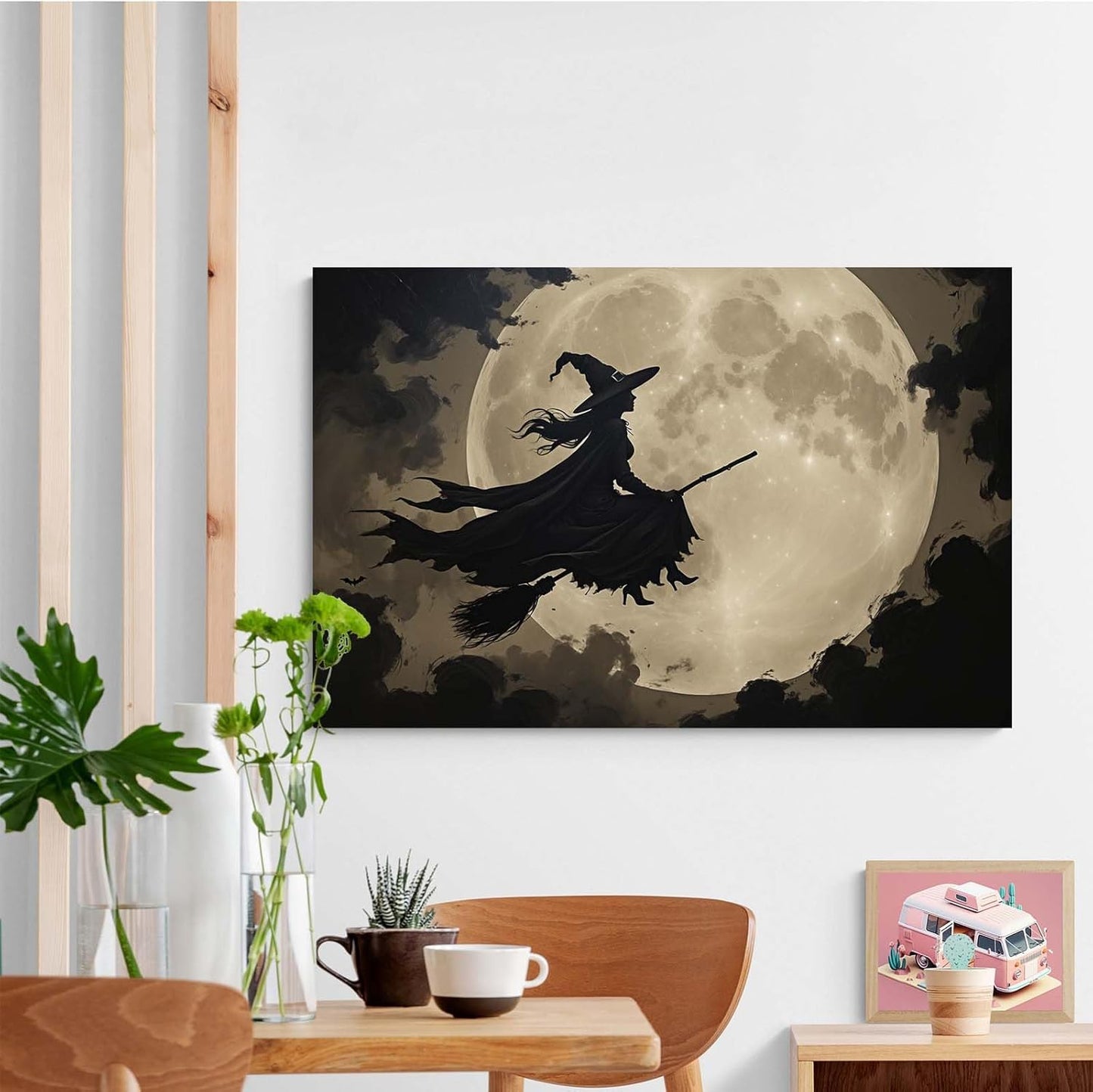 Full moon witch silhouette poster witch on magic broom Halloween mural poster decorative mural art suitable for home living room bedroom16x24in Wood Framed