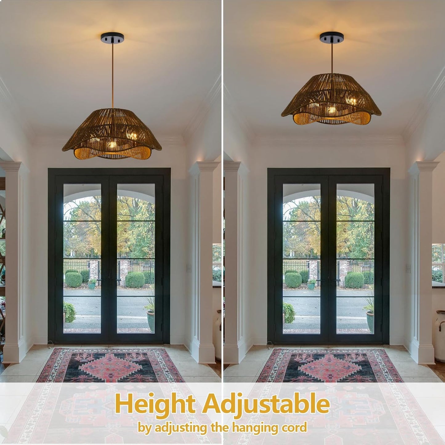 Rattan Pendant Light Fixture Ceiling, 19.68”Hand Woven Wicker Chandelier, Rustic 3-Light Large Hanging Lamp, Adjustable Boho Flush Mount Hanging Light for Dining Room Kitchen Living Room