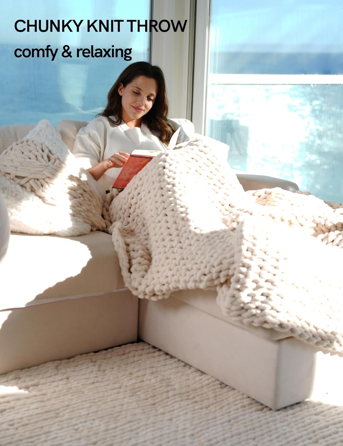 YnM Chunky Throw Blanket, Hand Knitted with Chenille Yarn, Skin Friendly, Ventilated and Breathable, Machine Washable, Home Décor Piece for Couch, Sofa and Bed (Butter Cream, 60x80 Inch)