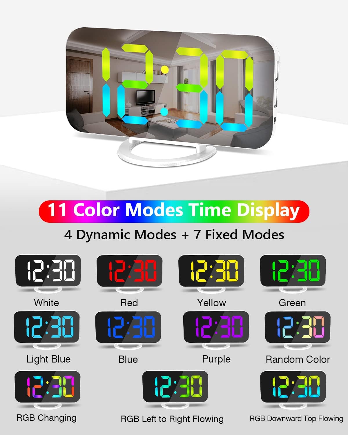 SZELAM Digital Alarm Clock,LED RGB Colorful Clocks,with Mirror Surface Large Display,2 USB Charger Ports,Auto Dimming,Modern Desk Clock for Bedroom Home Office Decor- White