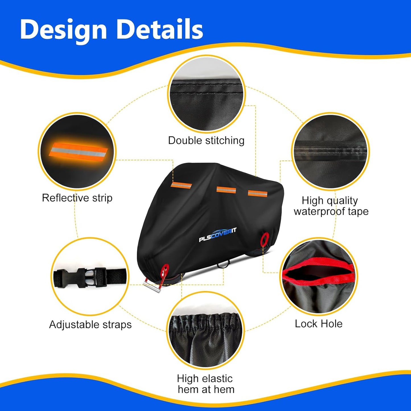 Motorcycle Cover, 600D Heavy Duty Waterproof Motorbike Cover, Dustproof Motorcycles Vehicle Cover Scooter Shelter Protection with Reflective Strips & Storage Bag 116" x 41" x 50"