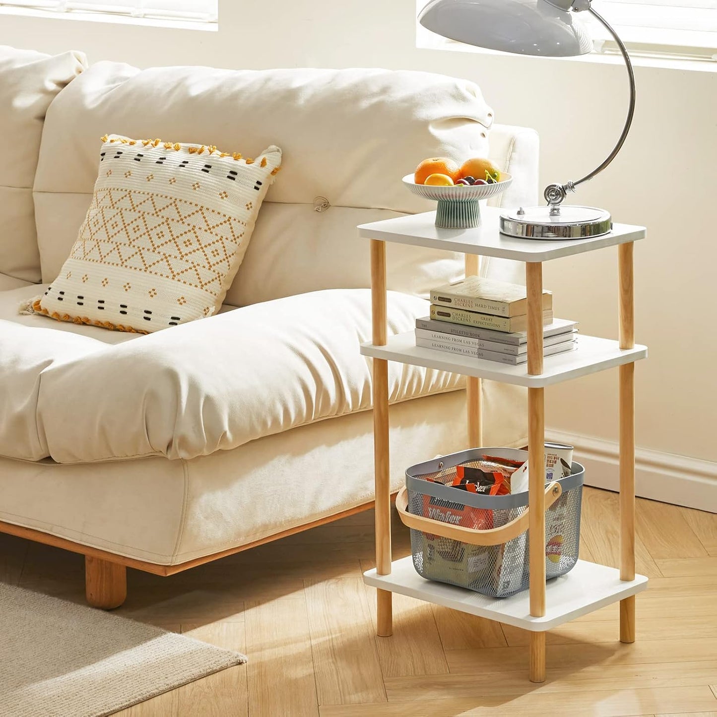 IBUYKE 3-Tier Side Table, Solid Wood Tall End Table with Storage Shelves, Nightstand Bedside Table for Living Room Bedroom Office, No-Tool Assembly, White UWST003W