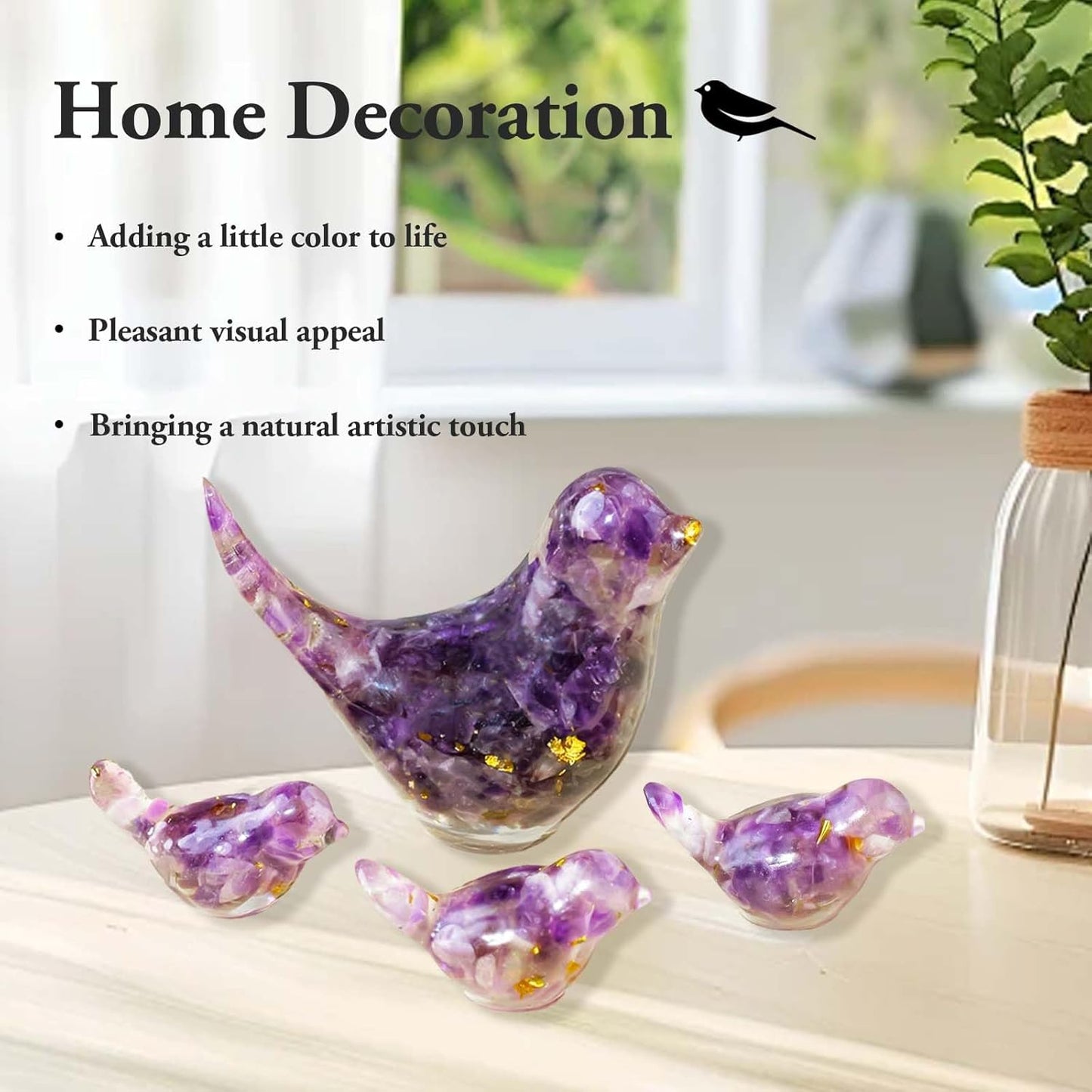 Crystal Bird Figurines, Resin Animal Statues, Miniature Decorative Gravel Birds, Home Decor (4PCS-Amethyst)