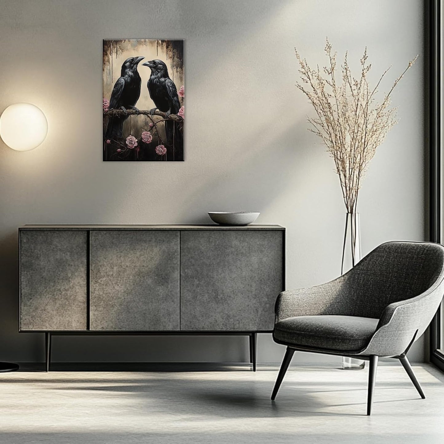 OAAPITI Crow Canvas Wall Art Black Raven Picture Print Pink Rose Poster Vintage Gothic Painting Artwork for Living Room Halloween Decor(Artwork-6,20"x30")