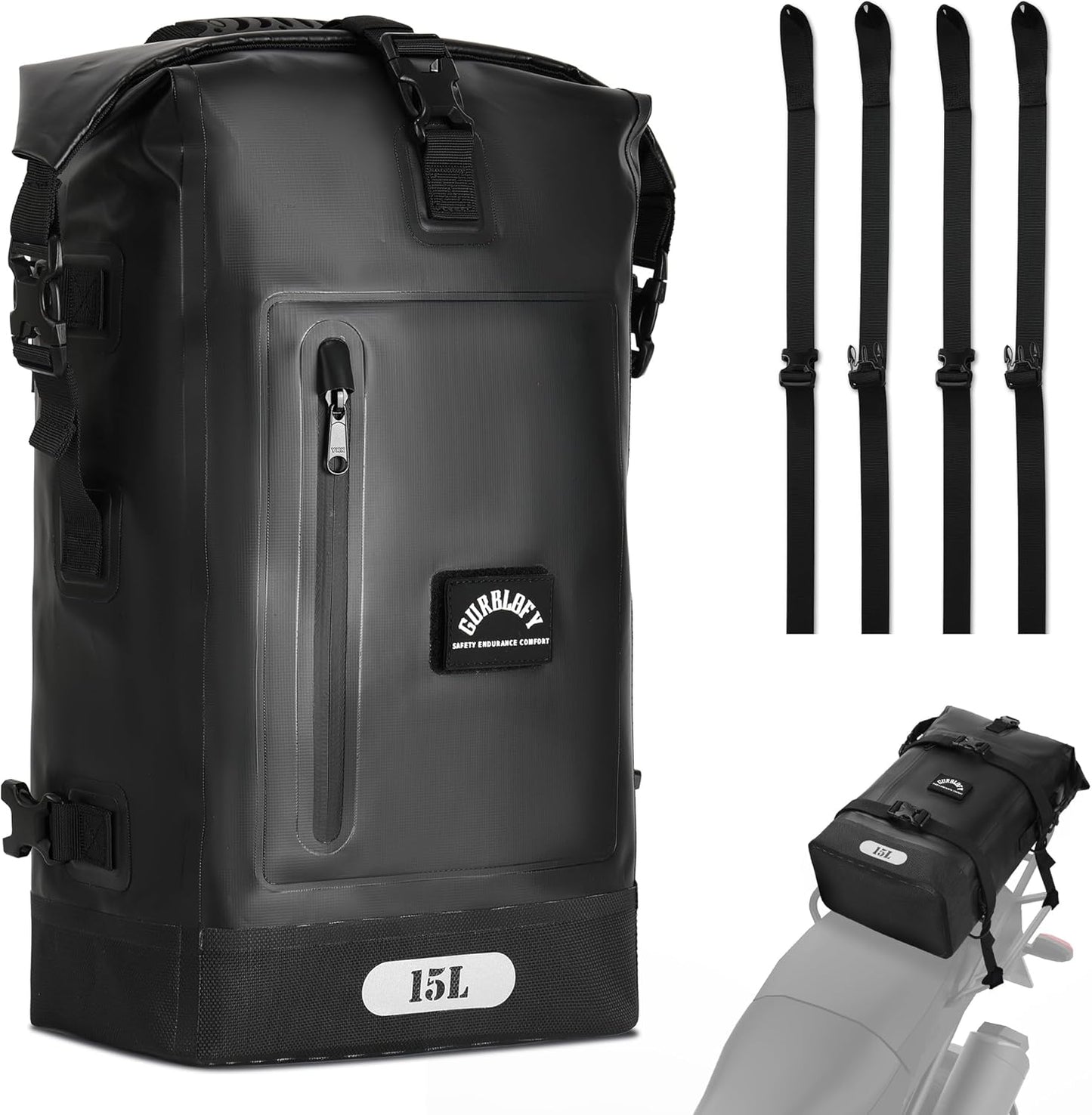 Motorcycle Tail Bag, 15L Waterproof Motorcycle Saddle Bag, 2 Size and 3 Color Options Travel Bag, PVC Luggage Bag, Rear Seat Bag, Classic Black GT-15BL