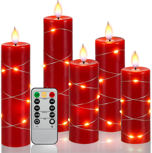 Red Flameless Candle with Remote Control LED Candle with String Lights Battery Powered Flameless Candle4'' 5'' 6'' 7'' 8'' Candles of 5 Pcs
