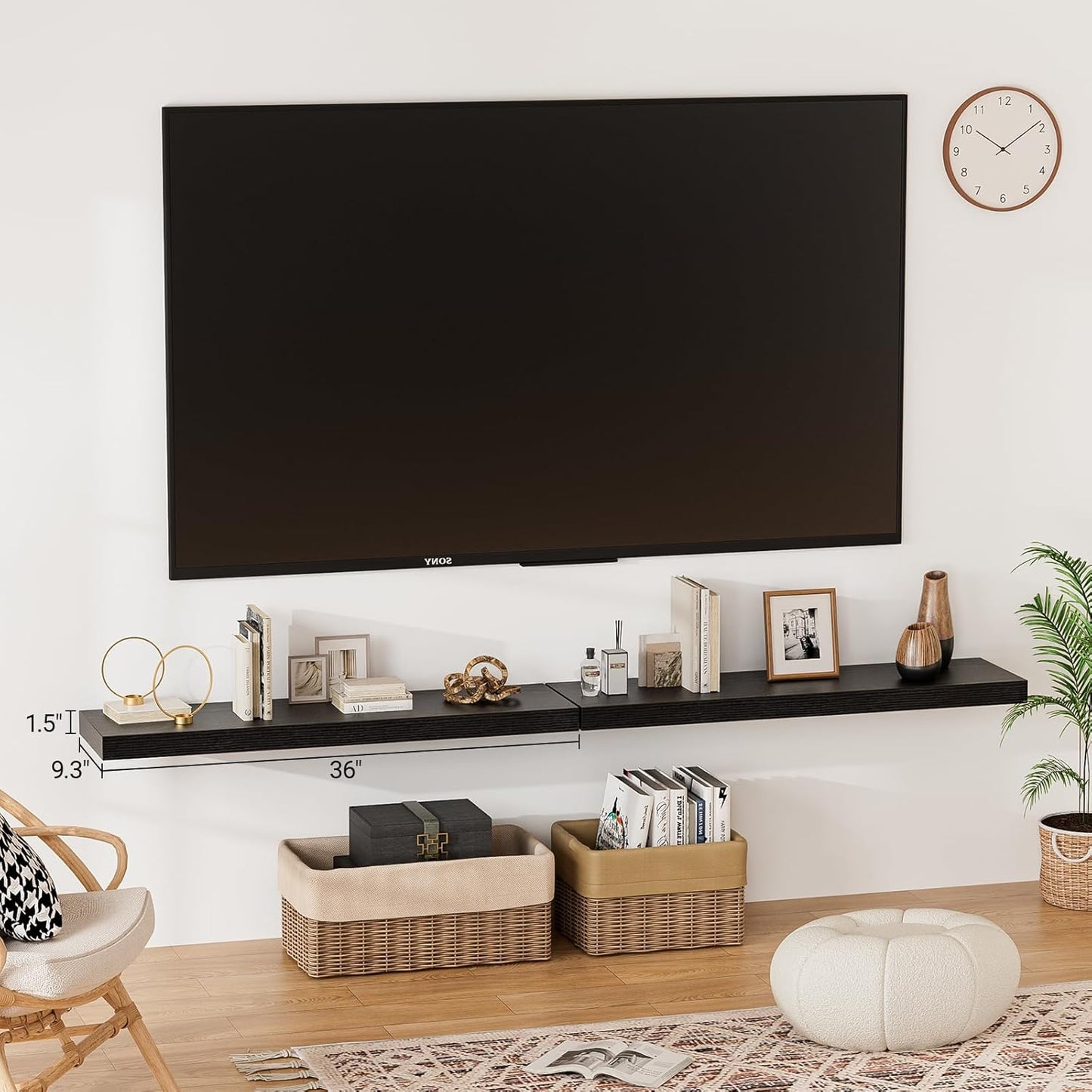 Heimlove Floating Shelves for Wall 36 Inches Long,9.3" Deep Black Floating Shelf Set of 2,Wall Mounted Shelves for Bathroom Bedroom Living Room Kitchen Office,Shelf for Books Storage,Home Decor