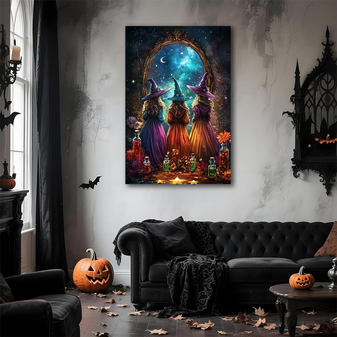 Witch Poster Halloween Fall Wall Art Decor,Three Witches with Magic Potion Mirror Colorful Vintage Print,Dark Academia Spooky Canvas Art Prints for Home Living Room,16"x24" Unframed