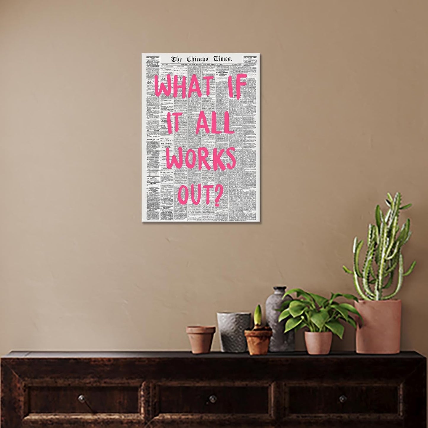 Liyark Retro Trendy Newspaper Canvas Wall Art What If All Works Out Poster Black And White Positive Affirmation Quote Wall Art Pink Font Wall Decor Minimalist Home Decor 24x36in Framed