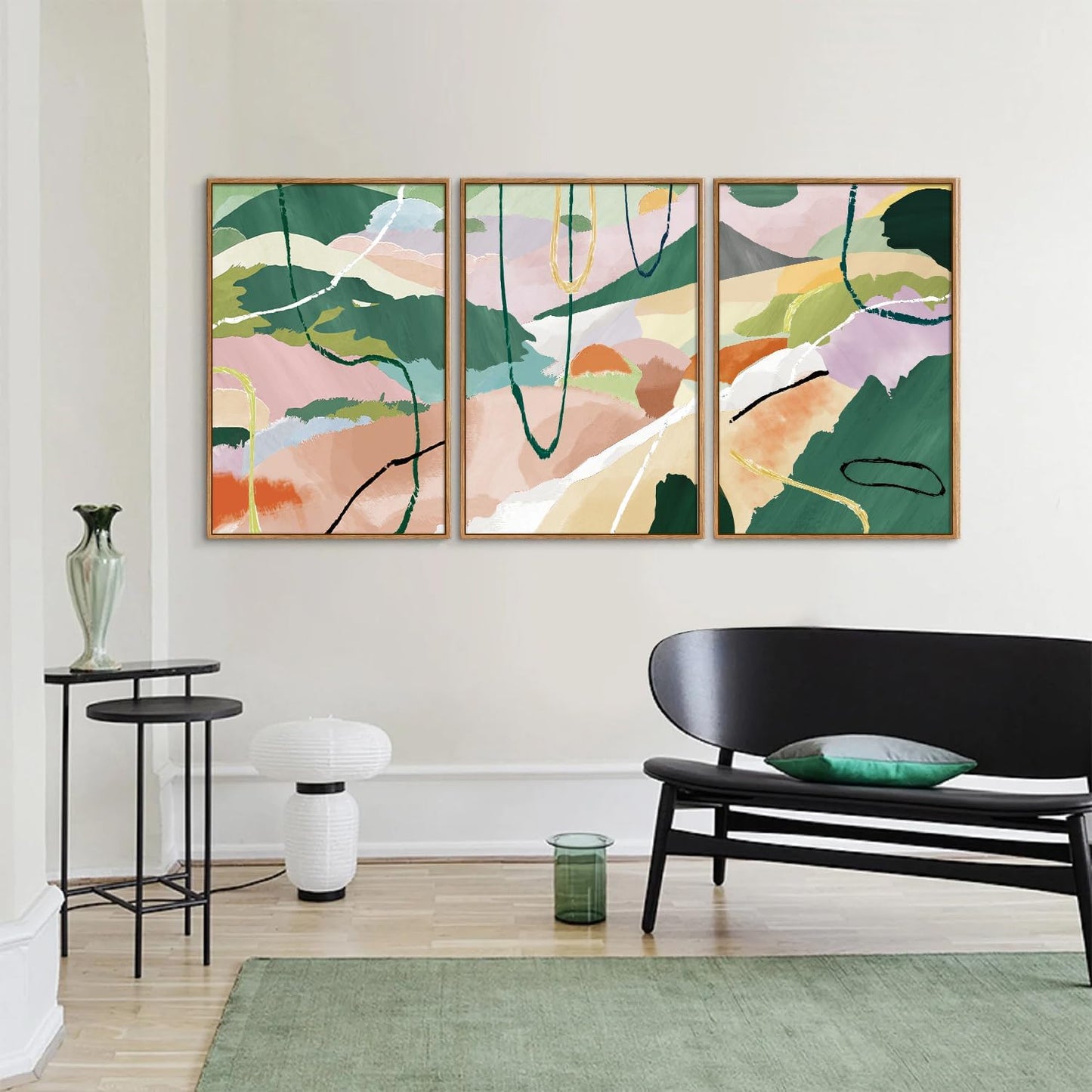 Tinonedraw Colorful Abstract Framed Canvas Wall Art Set of 3, Green and Pink Oils Inks Artwork, Neutral Modern Minimalist Wall Decor for Living Room, Bedroom, Office 16"x24"
