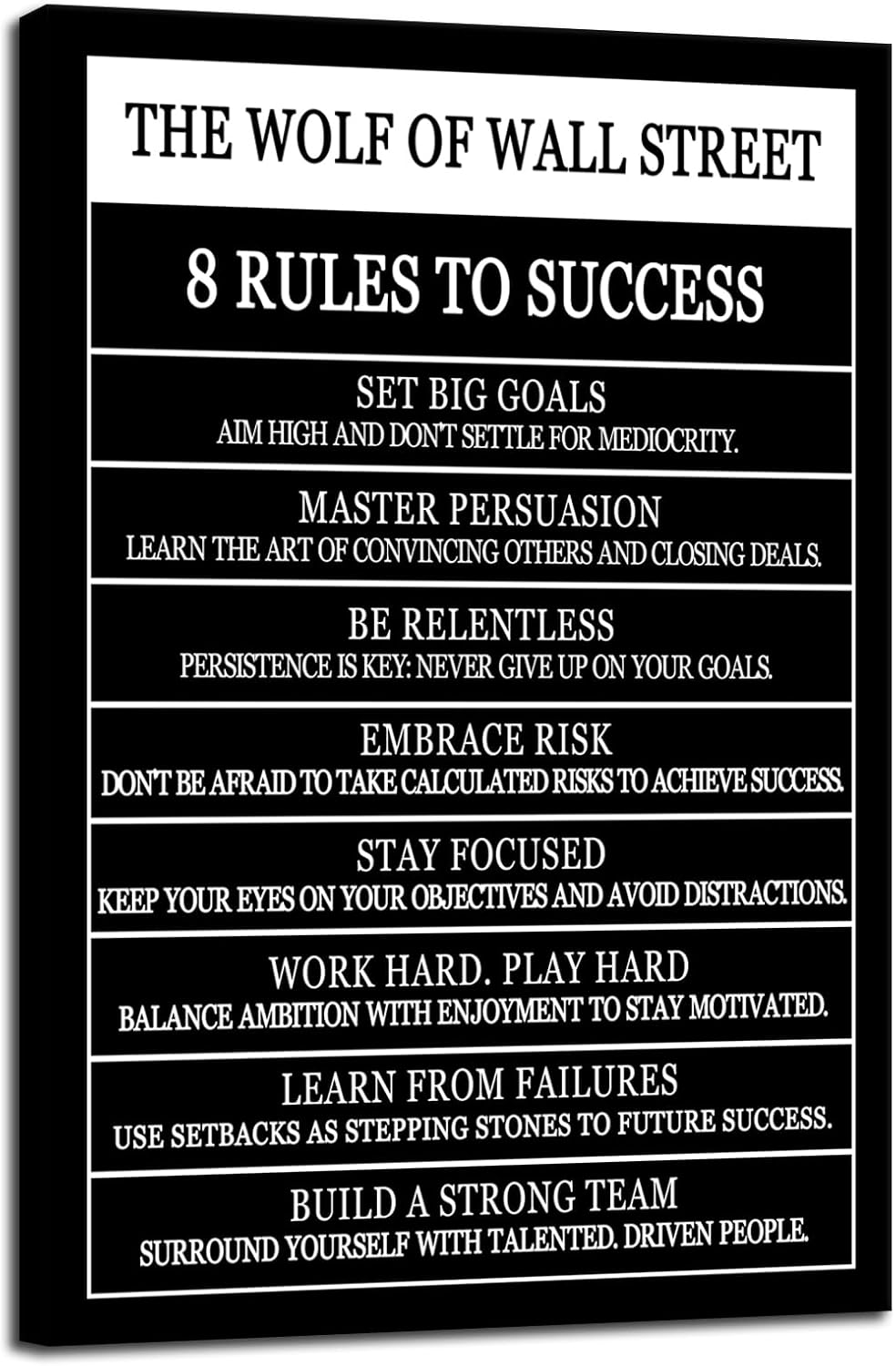 The Wolf Of Wall Street 8 Rules To Success Motivational Wall Art Printed Canvas Poster Inspirational Wall Decor for Office Hallway Gym Bedroom Living Room Framed Ready to Hang [12" W X 18" H]