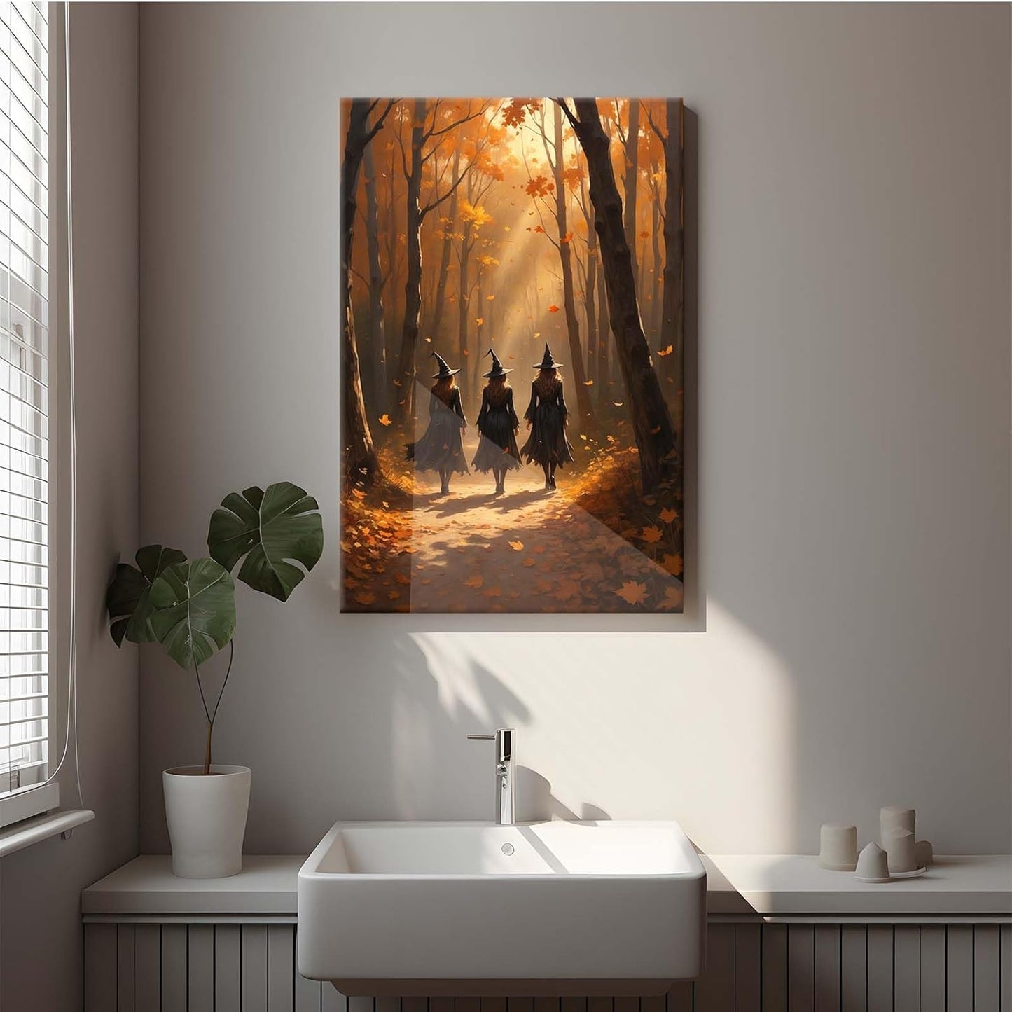 Three witches walking in the forest in autumn canvas painting gothic poster halloween print country witch wall art for home decoration20x30in Wood Framed
