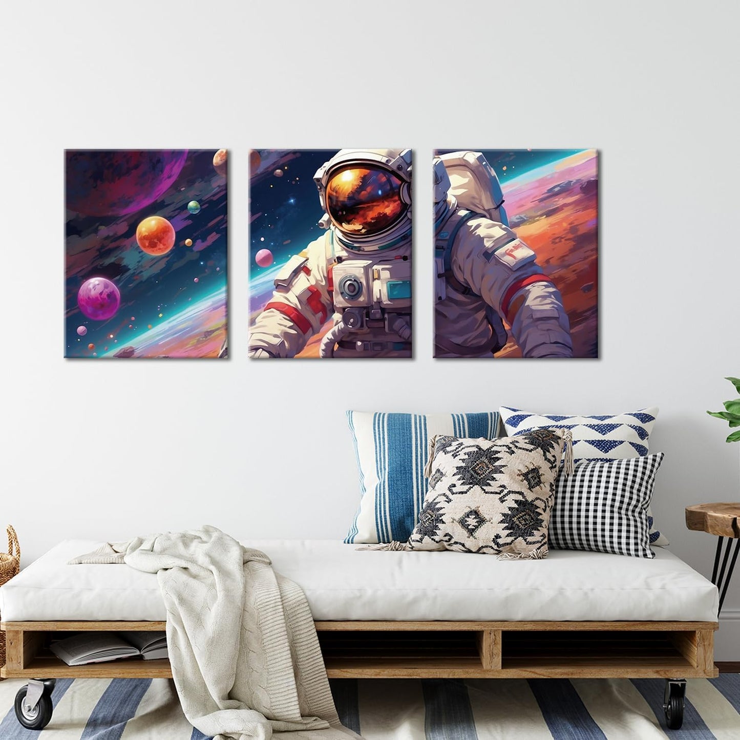Outer Space Art Wall Decor Astronaut Spaceman Planets Prints Posters Framed Artwork Space Room Boys Bedroom Playroom Kids Room Space Decorations, 3 Panels